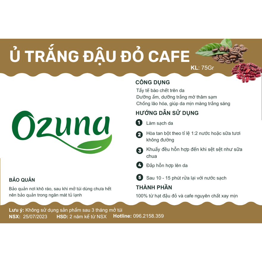 Bột ủ trắng đậu đỏ cafe OZUNA cho body và mặt giúp làn da trắng sáng mịn màng, giảm thâm sạm da