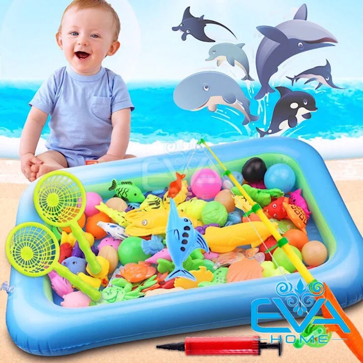 Đồ chơi Câu cá nam châm cho bé trong nước và trên cạn gồm Bể hơi, cần câu, bơm và cá, đồ chơi thú vị cho bé IQKao