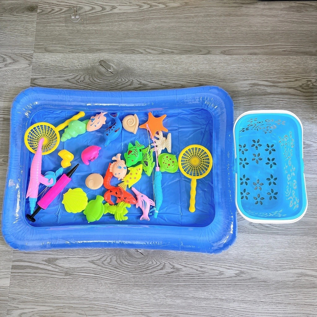 Đồ chơi Câu cá nam châm cho bé trong nước và trên cạn gồm Bể hơi, cần câu, bơm và cá, đồ chơi thú vị cho bé IQKao