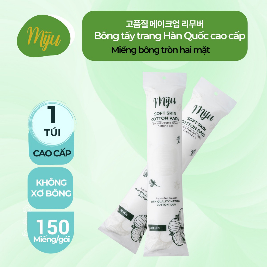 Bông tẩy trang cao cấp MIJU Hàn Quốc 100% cotton 3 lớp mềm mịn không xơ bông 150-180 miếng