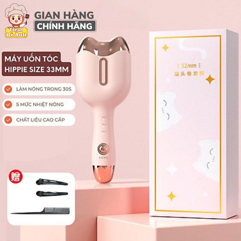 Máy làm tóc, máy uốn tóc xoăn sóng nước Hippie size 33mm, chất liệu gốm sứ bảo vệ tóc chống bỏng tay, bảo hành 12 tháng