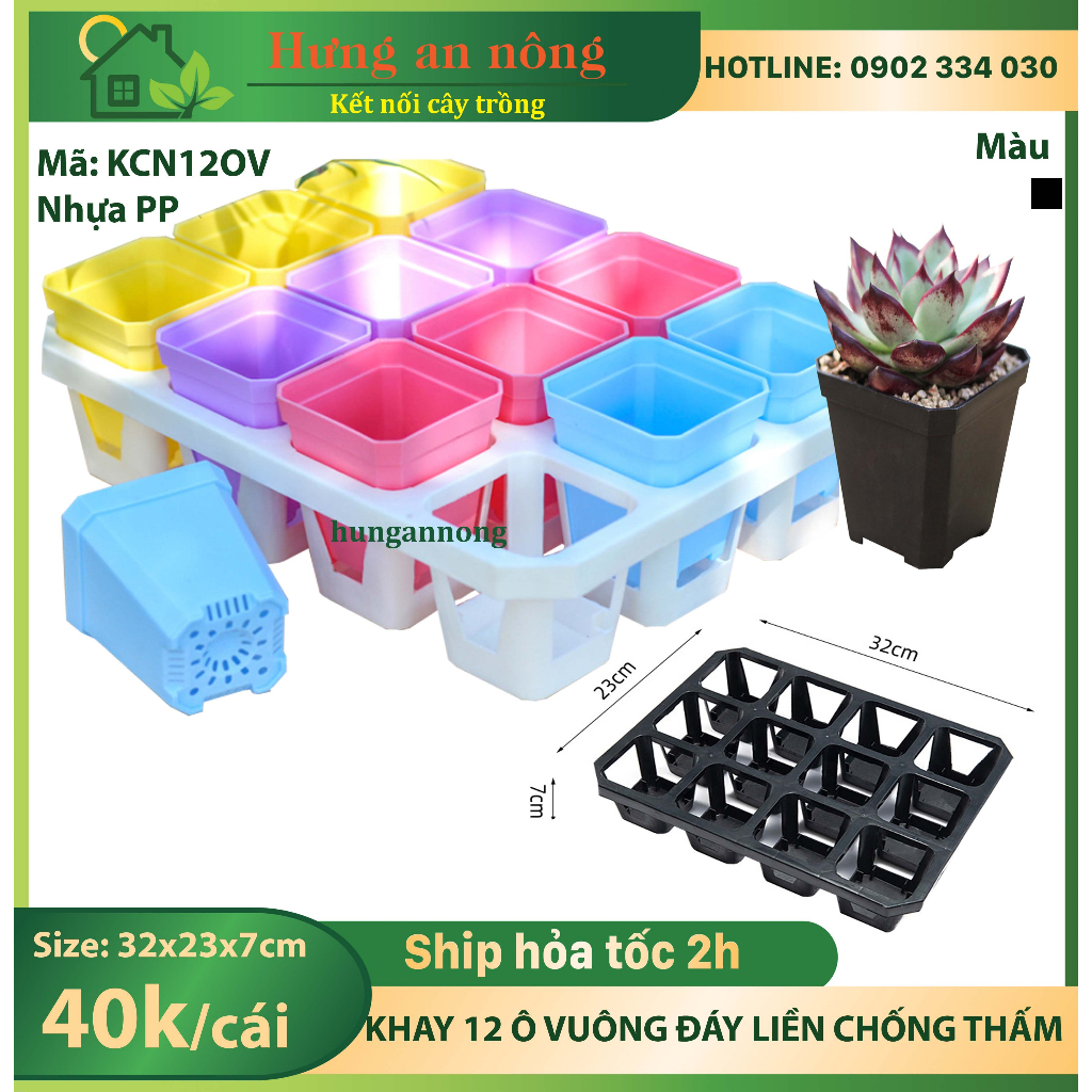 KCN12OV - Khay nhựa 12 ô vuông đen trắng dùng chứa chậu, đặc biệt đáy khay thiết kế liền đáy tiện di dời.