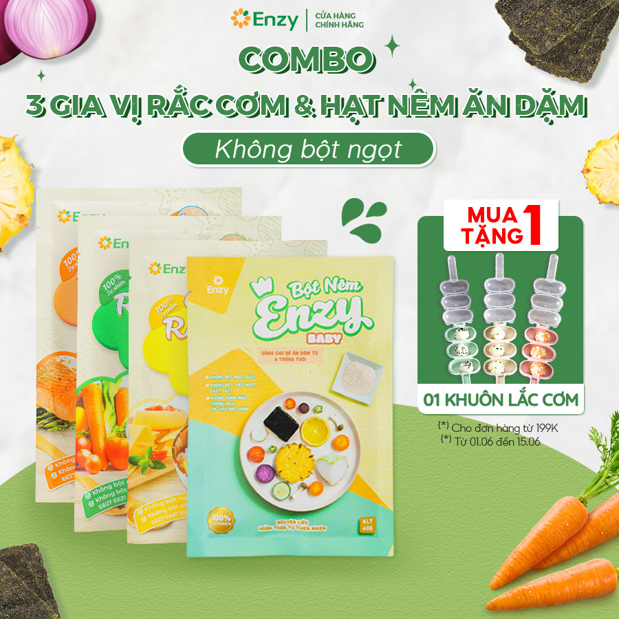 Combo Gia Vị Cho Bé Ăn Dặm Enzy Food, Gia Vị Rắc Cơm 3 Vị, Hạt Nêm Enzy Baby 60g, Hạt Nêm Rau Củ 80g