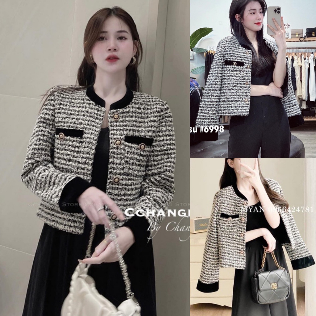 [Mã FADEP0610 giảm 10K đơn 99K] áo khoác dạ tweed nữ xám phối viền đen cổ tàu tiểu thư dáng ngắn sang chảnh A801 SUTANO