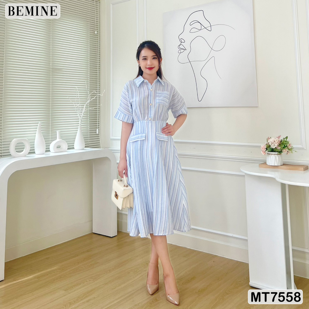 Đầm dáng dài cổ sơ mi ngắn tay BEMINE MT7558