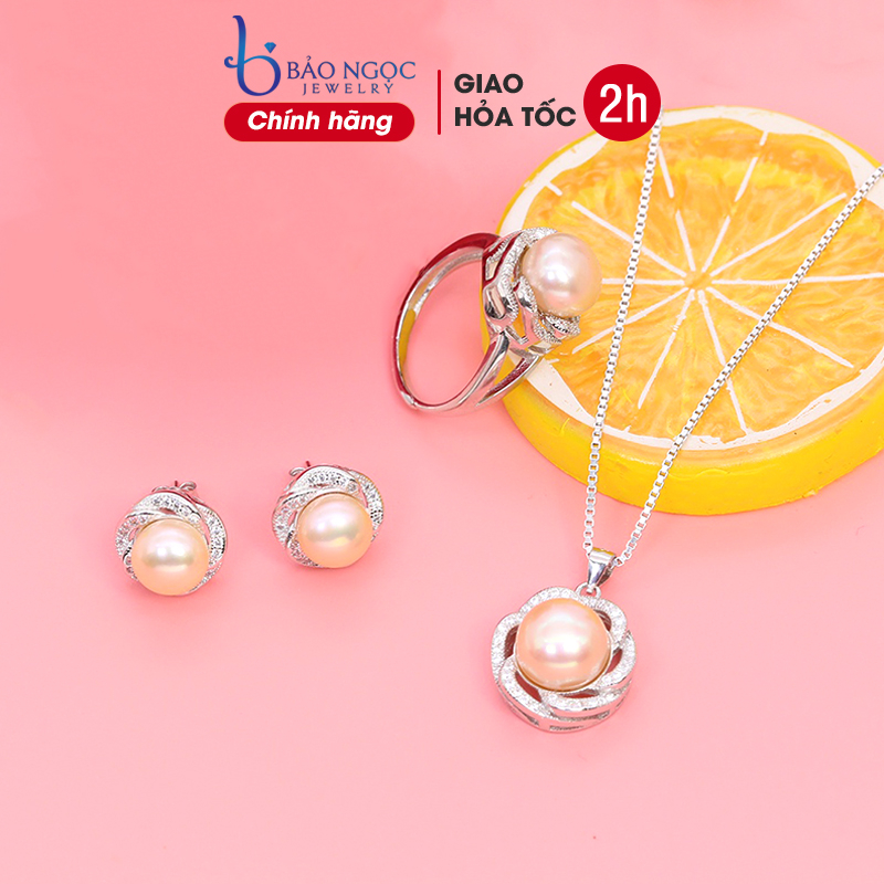 Bộ nữ trang bạc s925 ngọc trai thật nuôi nước ngọt màu cam chất lượng AAA thiết kế thanh lịch T4-Bảo ngọc jewelry