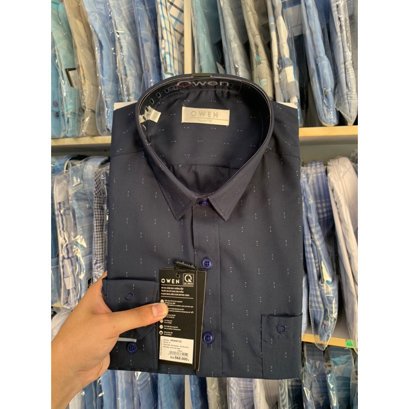 OWEN - Áo Sơ mi dài nam sợi tre dáng Regularfit xanh tím than họa tiết 2023