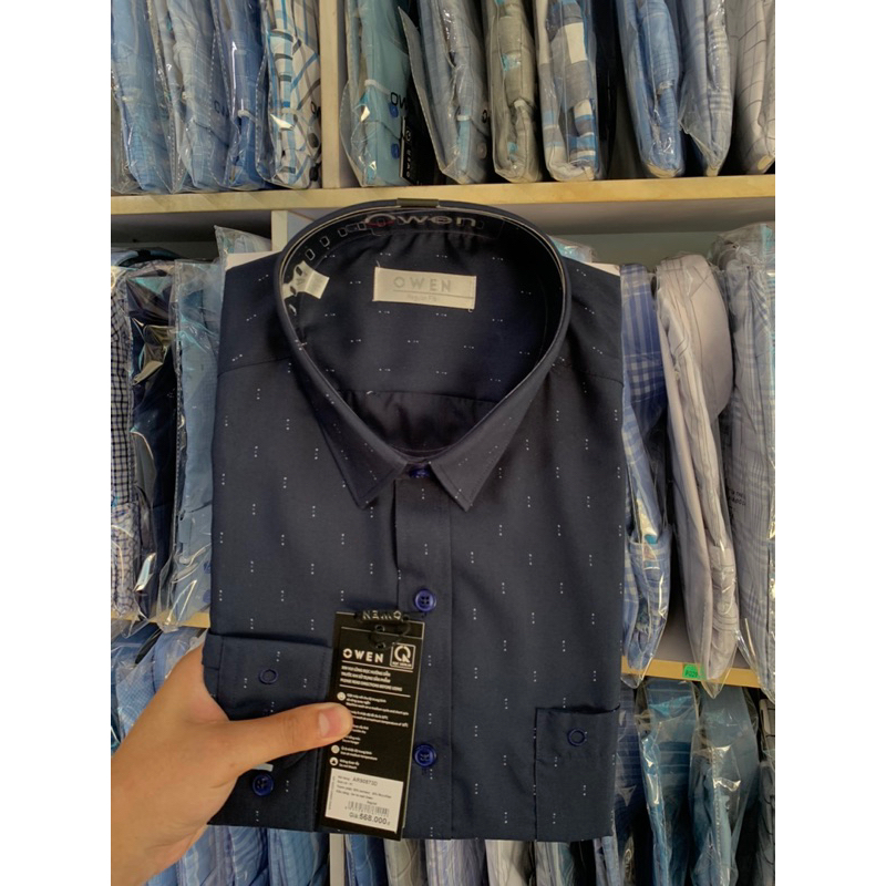 OWEN - Áo Sơ mi dài nam sợi tre dáng Regularfit xanh tím than họa tiết 2023