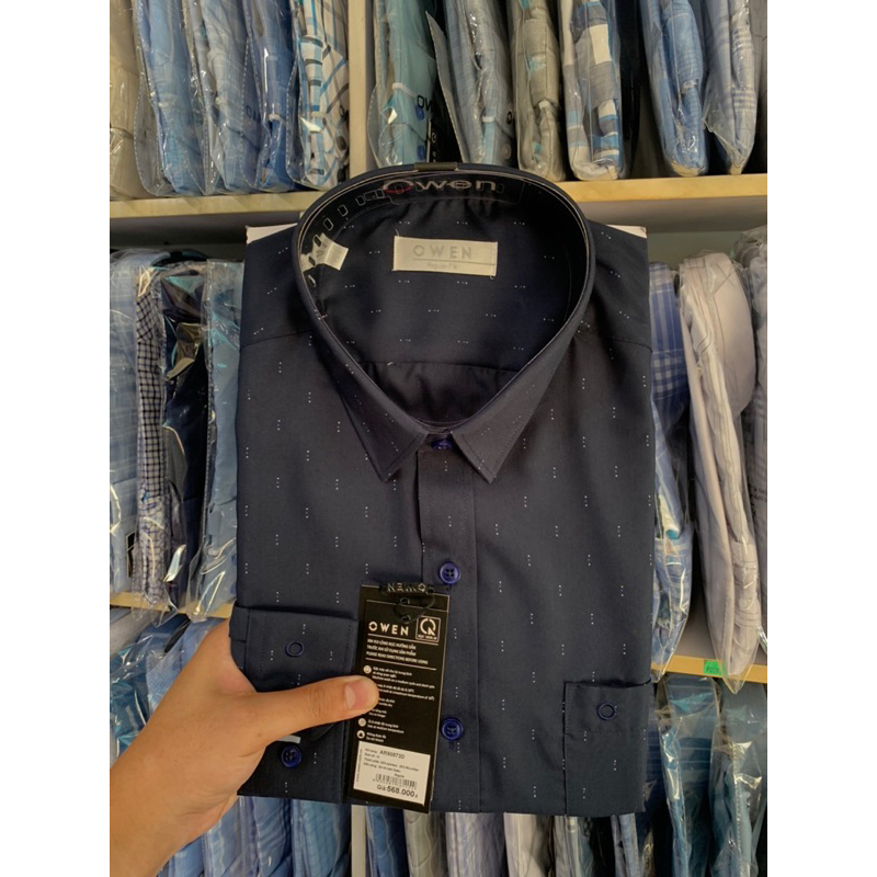 OWEN - Áo Sơ mi dài nam sợi tre dáng Regularfit xanh tím than họa tiết 2023