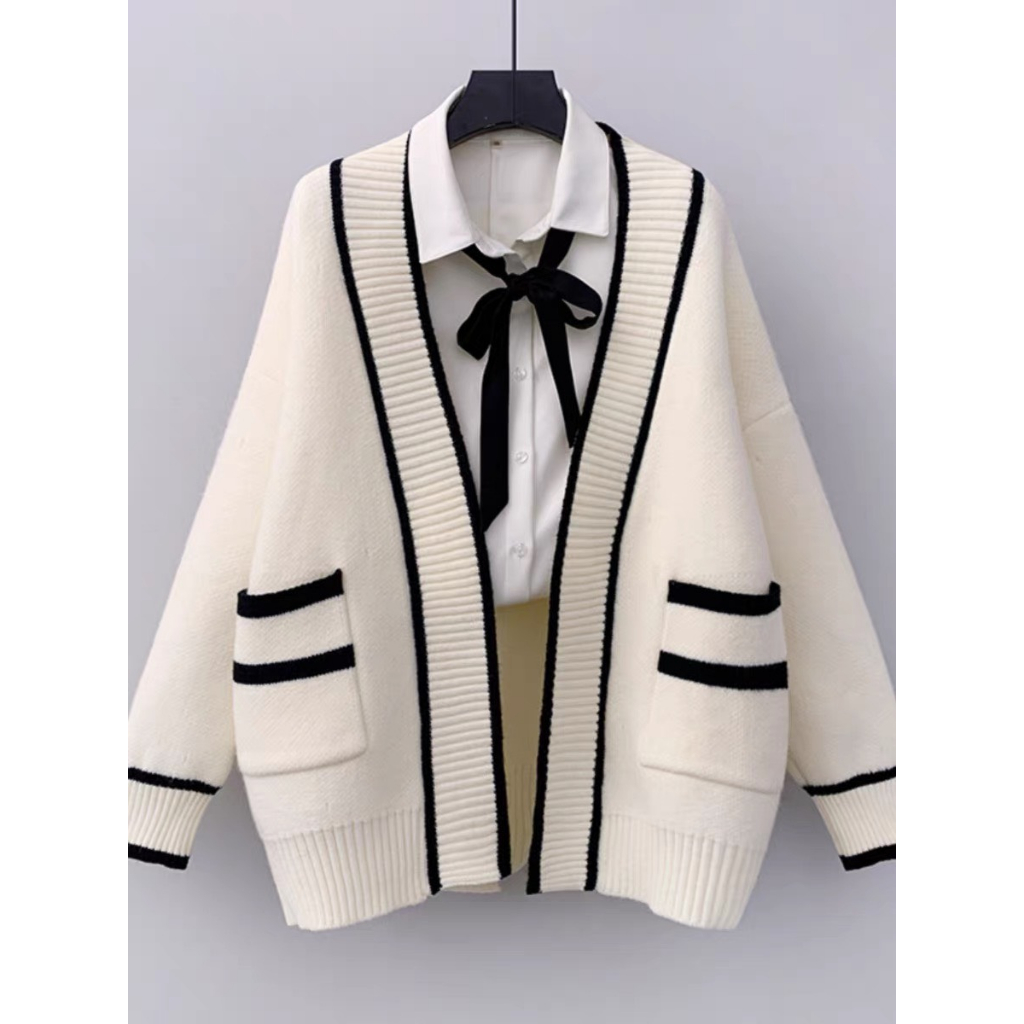 Áo Cardigan Len Nữ Dày Sọc Đen Trắng Có Túi, Cadigan Kẻ Kim Cương Ulzzang Hàn Quốc