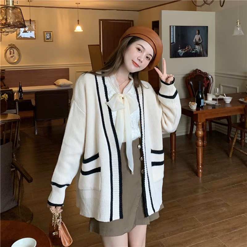 Áo Cardigan Len Nữ Dày Sọc Đen Trắng Có Túi, Cadigan Kẻ Kim Cương Ulzzang Hàn Quốc
