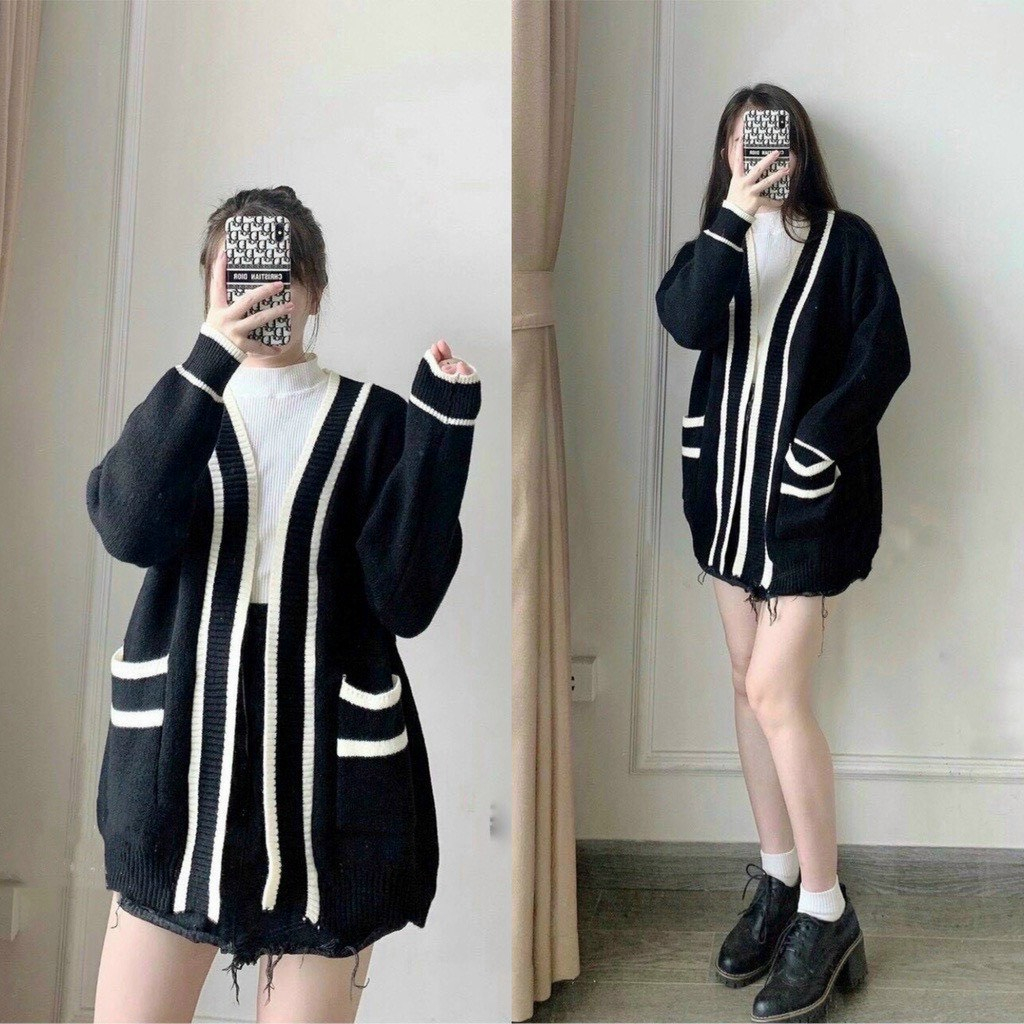 Áo Cardigan Len Nữ Dày Sọc Đen Trắng Có Túi, Cadigan Kẻ Kim Cương Ulzzang Hàn Quốc