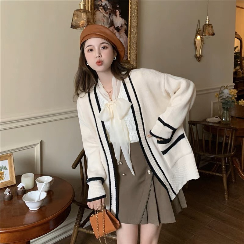 Áo Cardigan Len Nữ Dày Sọc Đen Trắng Có Túi, Cadigan Kẻ Kim Cương Ulzzang Hàn Quốc
