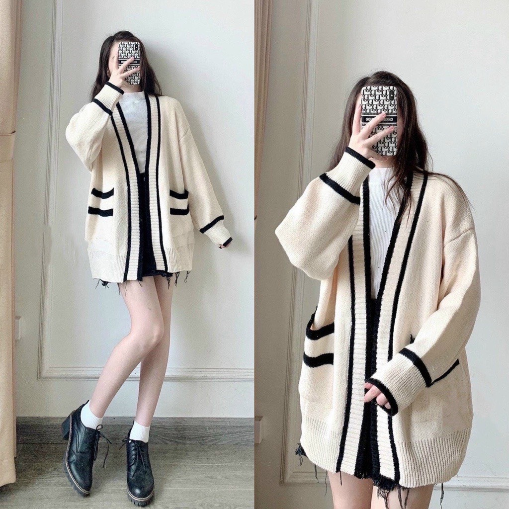 Áo Cardigan Len Nữ Dày Sọc Đen Trắng Có Túi, Cadigan Kẻ Kim Cương Ulzzang Hàn Quốc