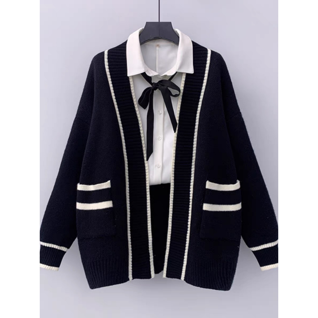 Áo Cardigan Len Nữ Dày Sọc Đen Trắng Có Túi, Cadigan Kẻ Kim Cương Ulzzang Hàn Quốc