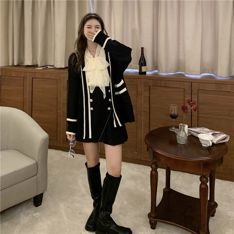Áo Cardigan Len Nữ Dày Sọc Đen Trắng Có Túi, Cadigan Kẻ Kim Cương Ulzzang Hàn Quốc