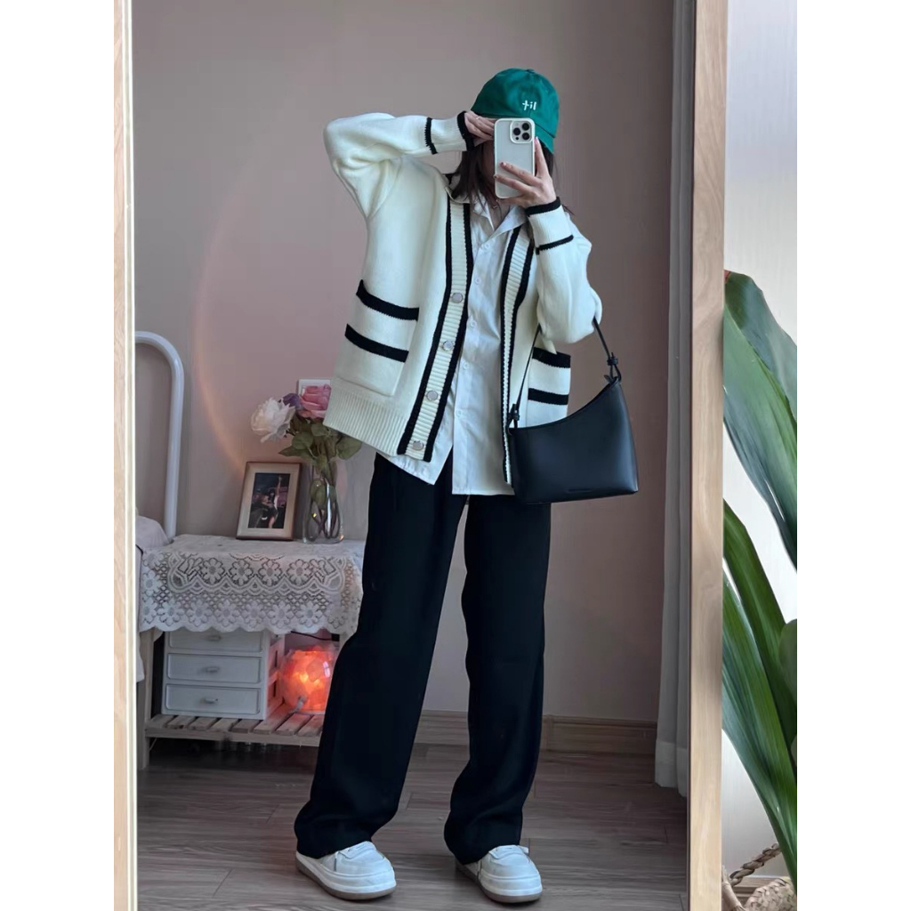 Áo Cardigan Len Nữ Dày Sọc Đen Trắng Có Túi, Cadigan Kẻ Kim Cương Ulzzang Hàn Quốc