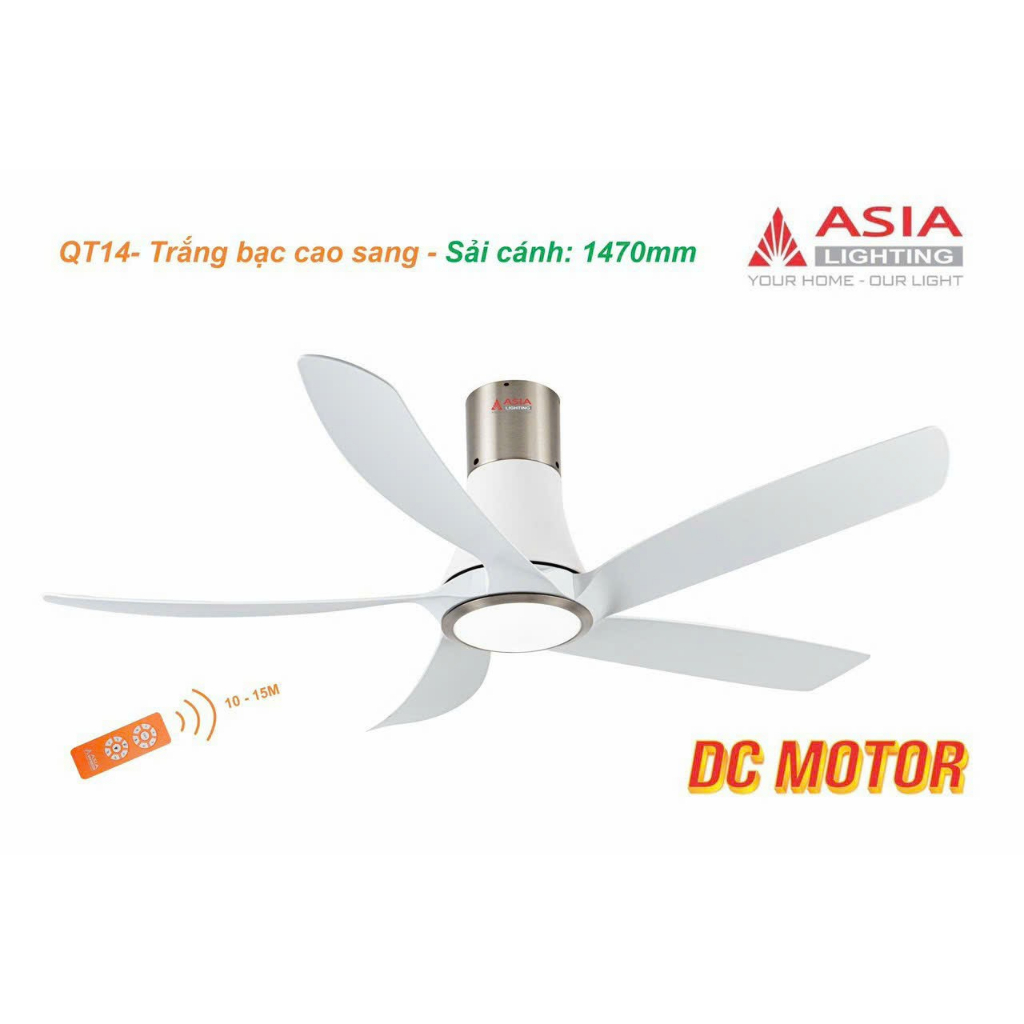 Quạt trần ASIA QT14, 5 cánh, có đèn Led, động cơ DC Cao Cấp, bảo hành chính hãng 2 năm