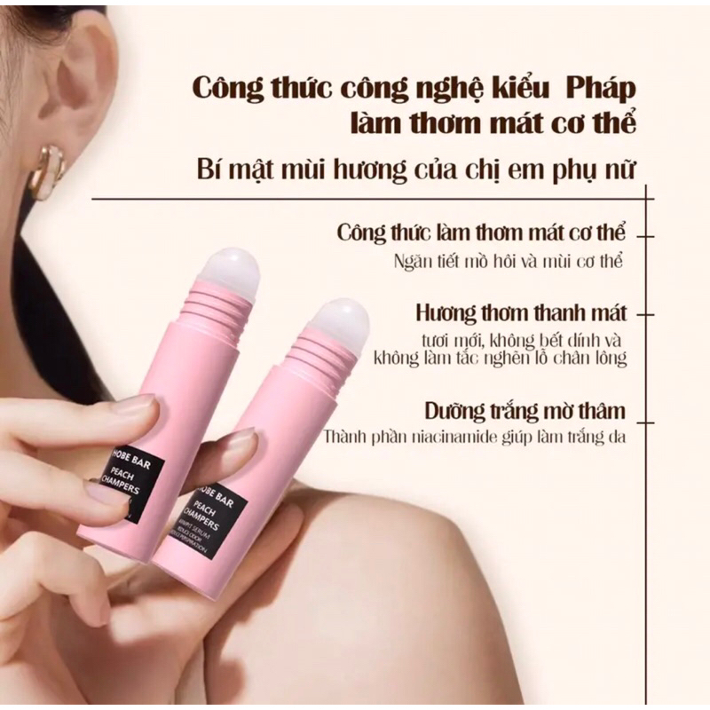 Lăn khử mùi Hobebar 20ml  hương sâm panh đào khử mùi dưỡng trắng mờ thâm với hương thơm kiểu Pháp cho bạn trẻ tự tin hơn