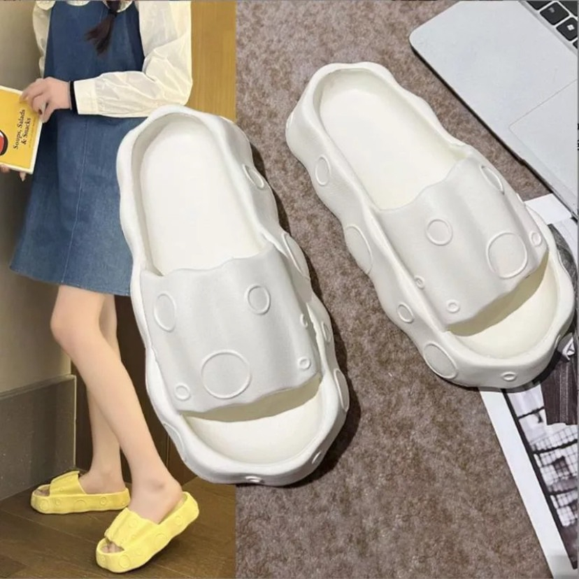 Dép bánh mì nữ đế cao 5cm quai ngang kiểu lê hoạ tiết bong bóng eva nâng chiều cao đế đúc liền