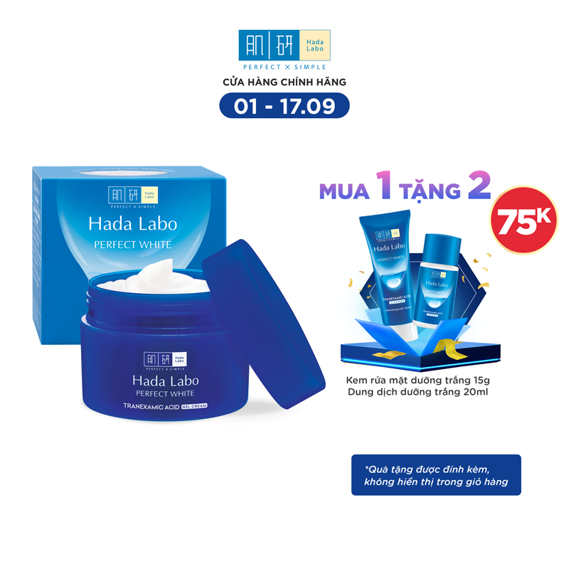 Hộp quà Gel dưỡng trắng da tối ưu Hada Labo Perfect White Tranexamic Acid Gel 50g (TẶNG Cleanser 15g + Lotion 20ml)