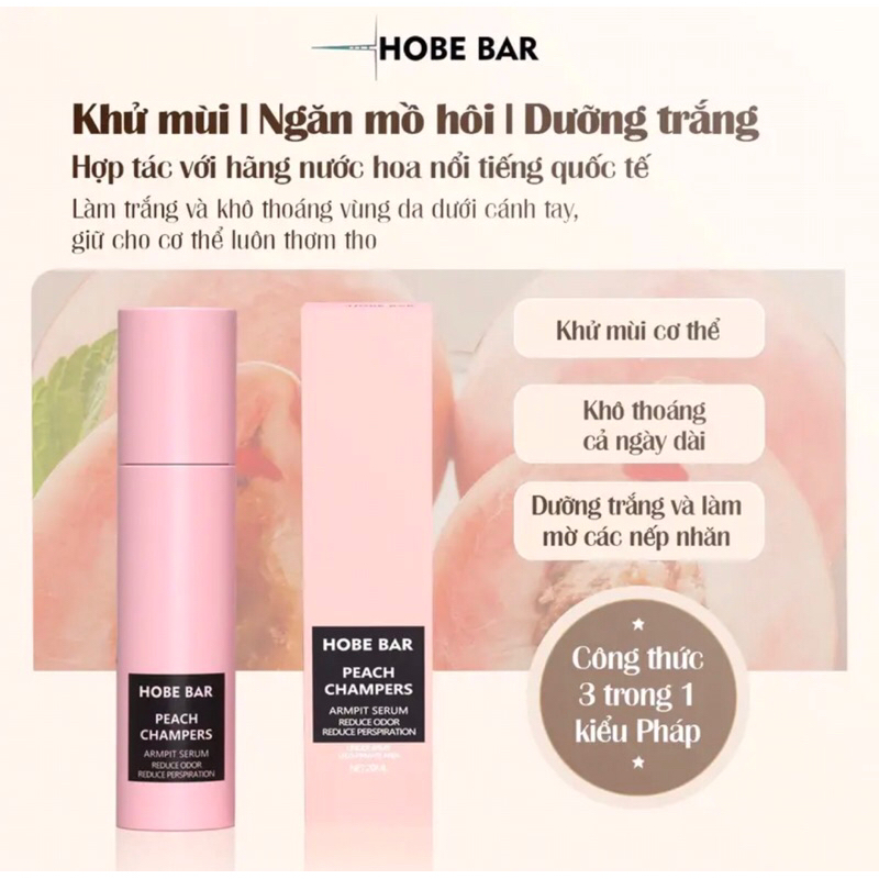 Lăn khử mùi Hobebar 20ml  hương sâm panh đào khử mùi dưỡng trắng mờ thâm với hương thơm kiểu Pháp cho bạn trẻ tự tin hơn