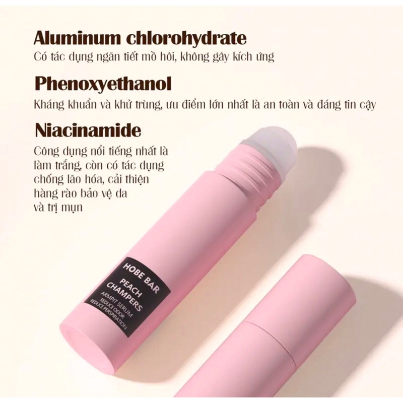 Lăn khử mùi Hobebar 20ml  hương sâm panh đào khử mùi dưỡng trắng mờ thâm với hương thơm kiểu Pháp cho bạn trẻ tự tin hơn