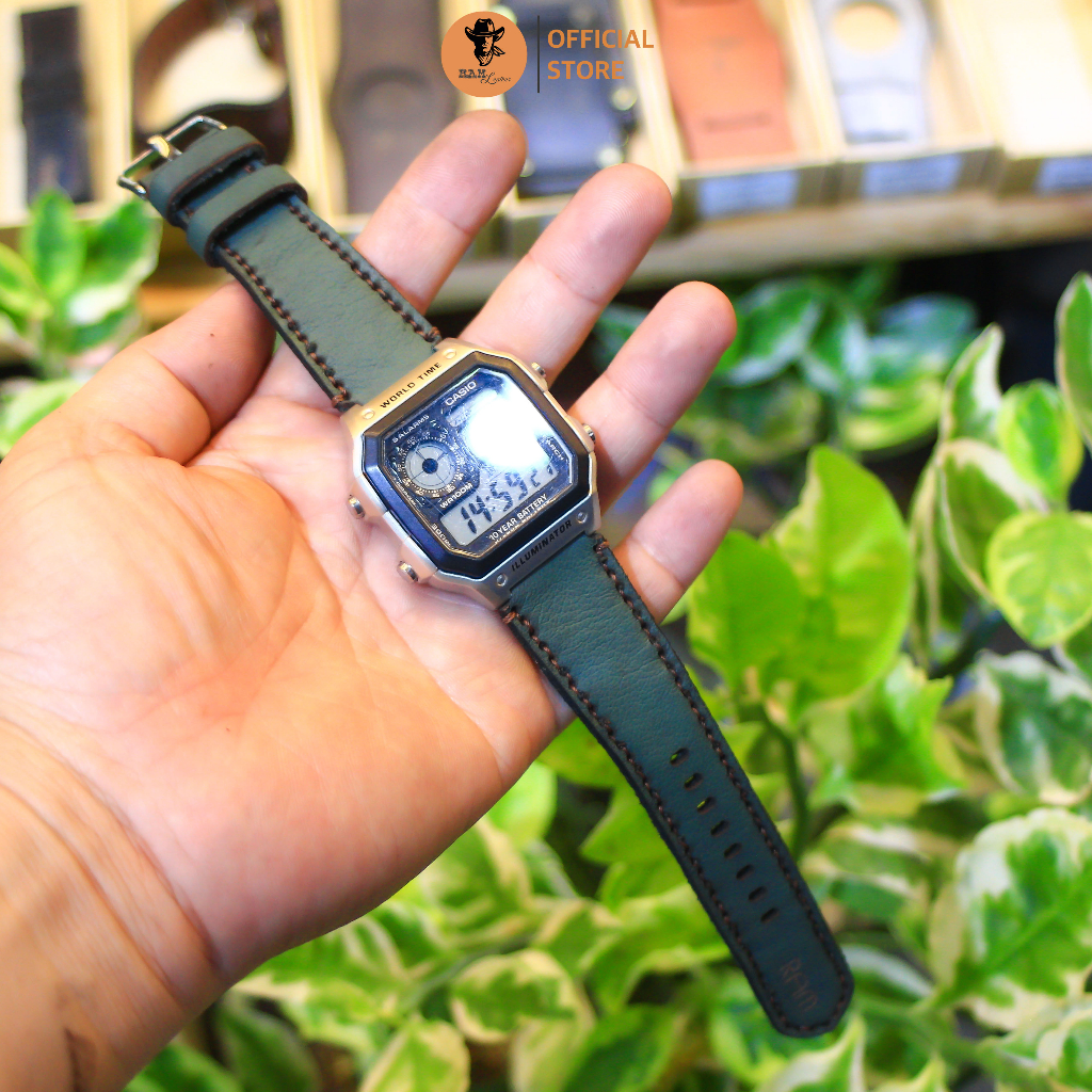 Dây Đồng Hồ Da Thật RAM Leather Cho Casio AE 1200 WHD và đồng hồ dây 18mm Da Bò Xanh Rêu RAM Leather 1984  Bền Đẹp