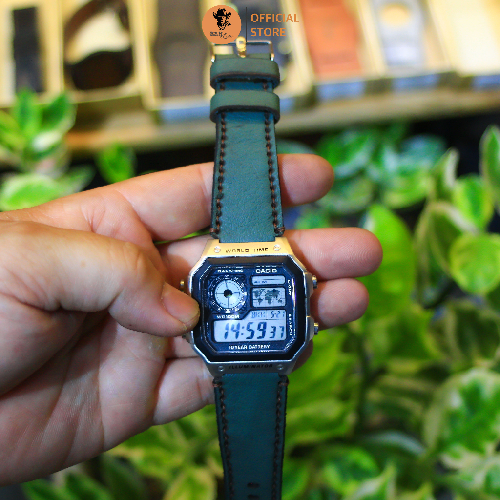 Dây Đồng Hồ Da Thật RAM Leather Cho Casio AE 1200 WHD và đồng hồ dây 18mm Da Bò Xanh Rêu RAM Leather 1984  Bền Đẹp