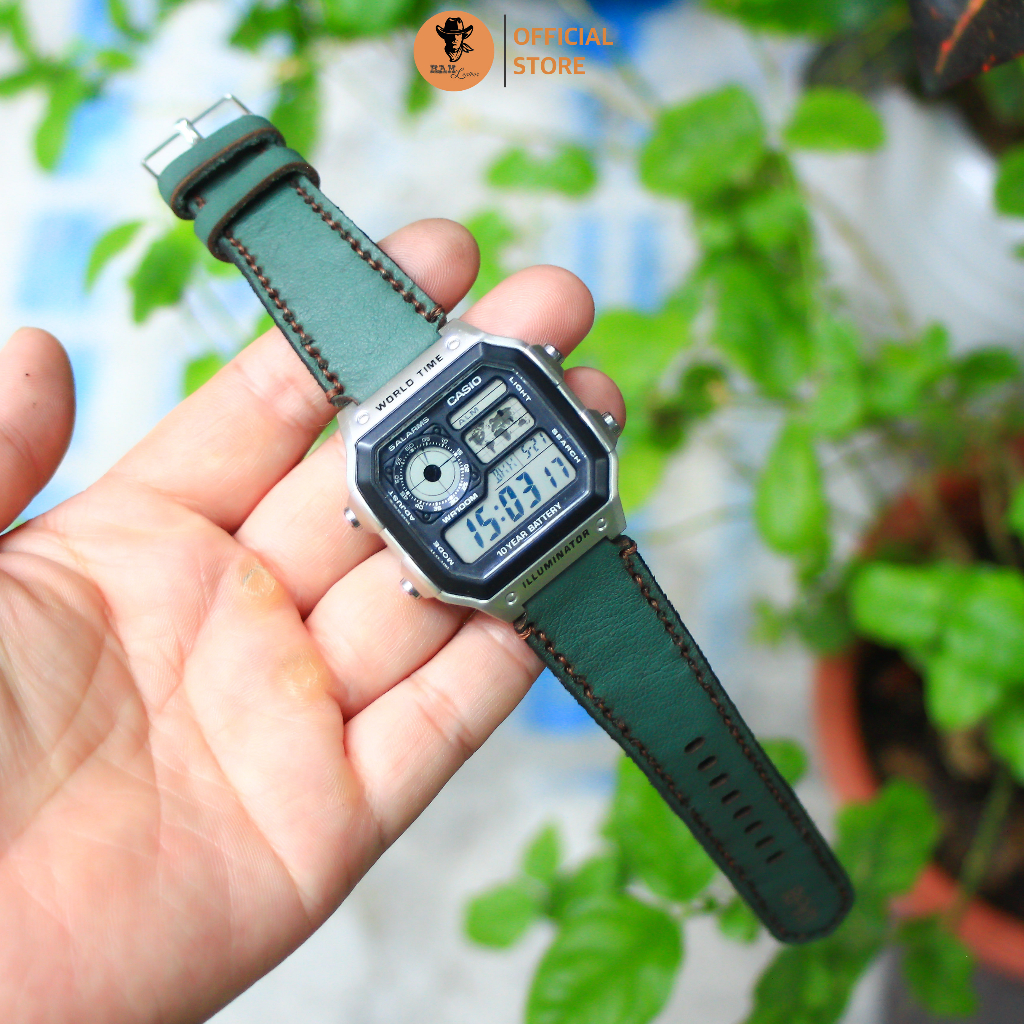 Dây Đồng Hồ Da Thật RAM Leather Cho Casio AE 1200 WHD và đồng hồ dây 18mm Da Bò Xanh Rêu RAM Leather 1984  Bền Đẹp