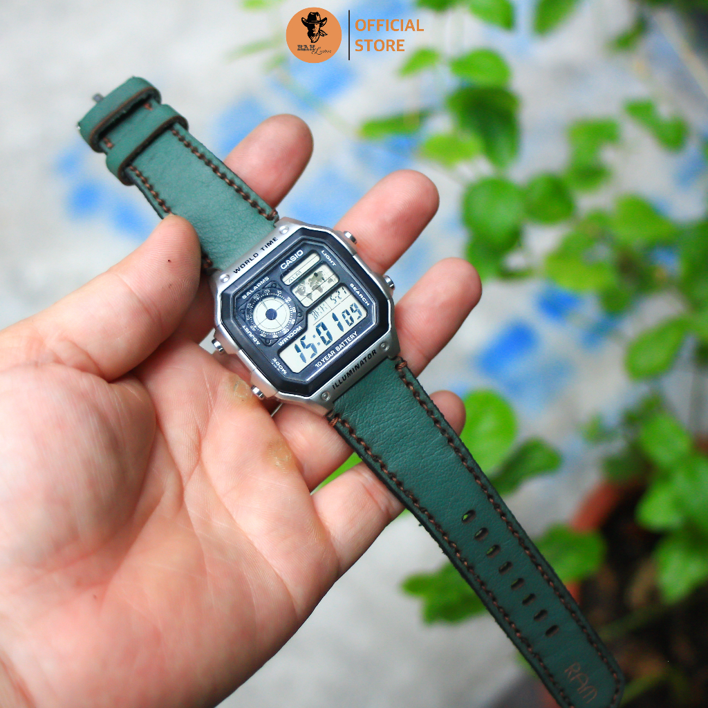 Dây Đồng Hồ Da Thật RAM Leather Cho Casio AE 1200 WHD và đồng hồ dây 18mm Da Bò Xanh Rêu RAM Leather 1984  Bền Đẹp