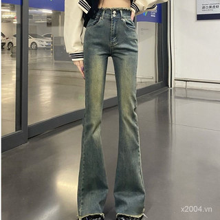  Quần Jean Nữ Ống Loe Tua Rua Cạp   Quần Bò Nữ Ống Loe 2 Cúc Tua Rua Gấu Cưck Xinh  KT42 