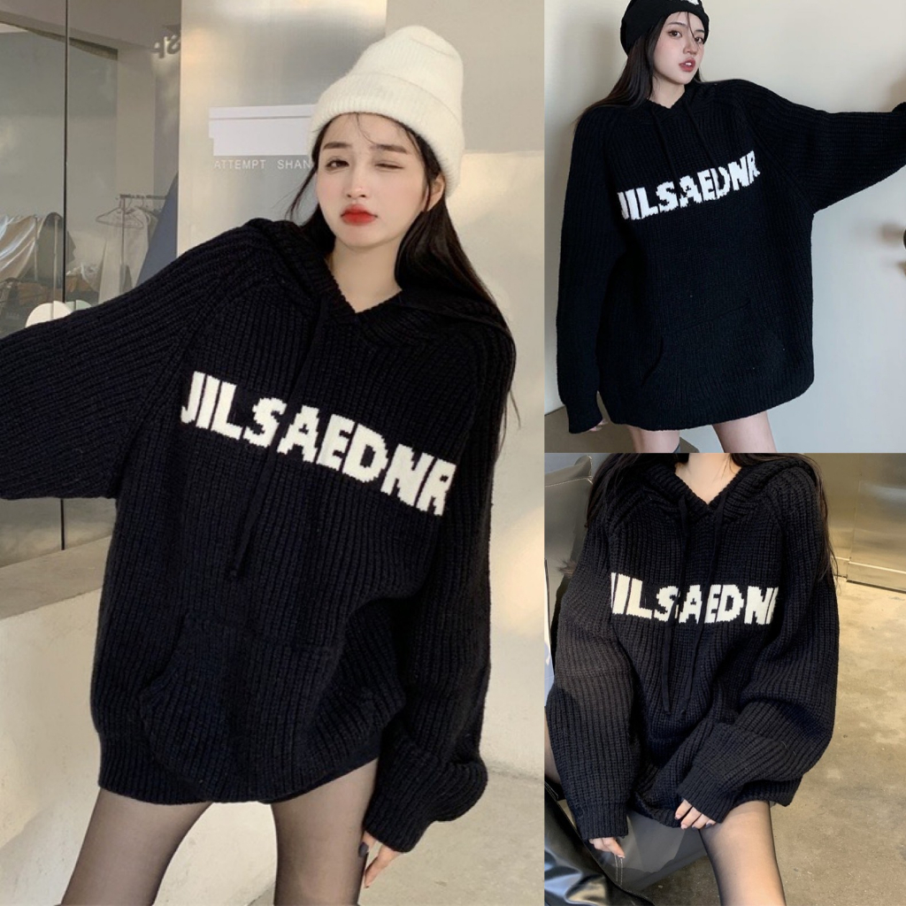 Áo hoodie nữ len dệt kim có mũ dáng rộng tay dài in chữ phong cách hàn quốc A825 SUTANO