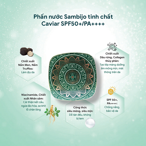 [Tặng 1 miếng mặt nạ Sambijo] Phấn Nước Cao Cấp Sambijo Skinlovers Tinh Chất Caviar SPF50+ PA++++ 15g