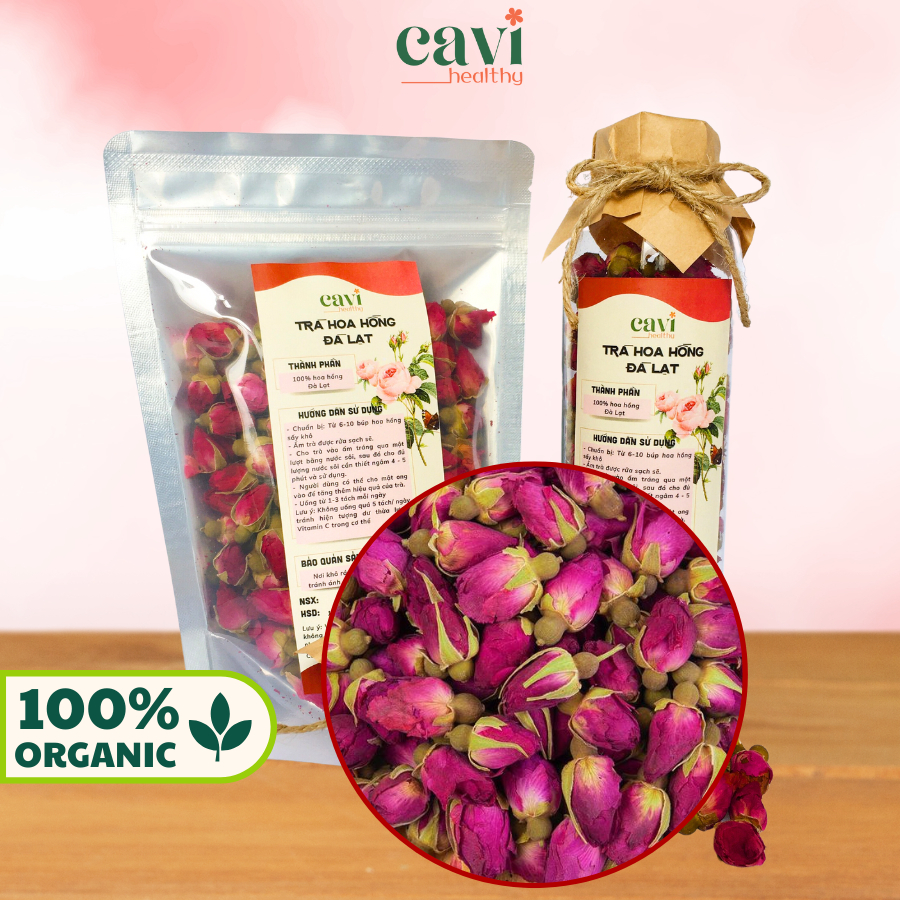 Trà Hoa Hồng Đà Lạt sấy lạnh nguyên bông 100gr Cavi Healthy Đẹp Da, Giảm Stress, Thải Độc