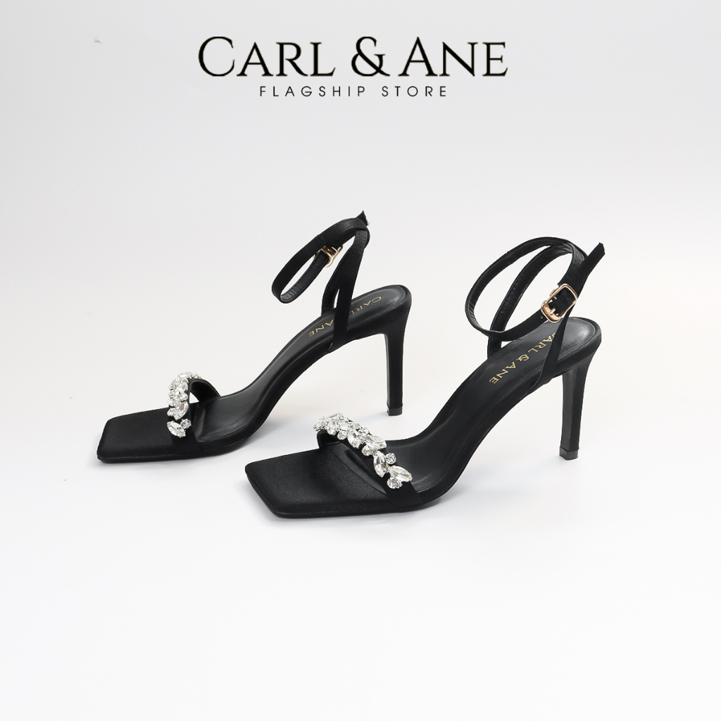 Carl & Ane - Giày  sandal cao gót quai ngang đính đá gót nhọn cao 9cm màu đen - WD010
