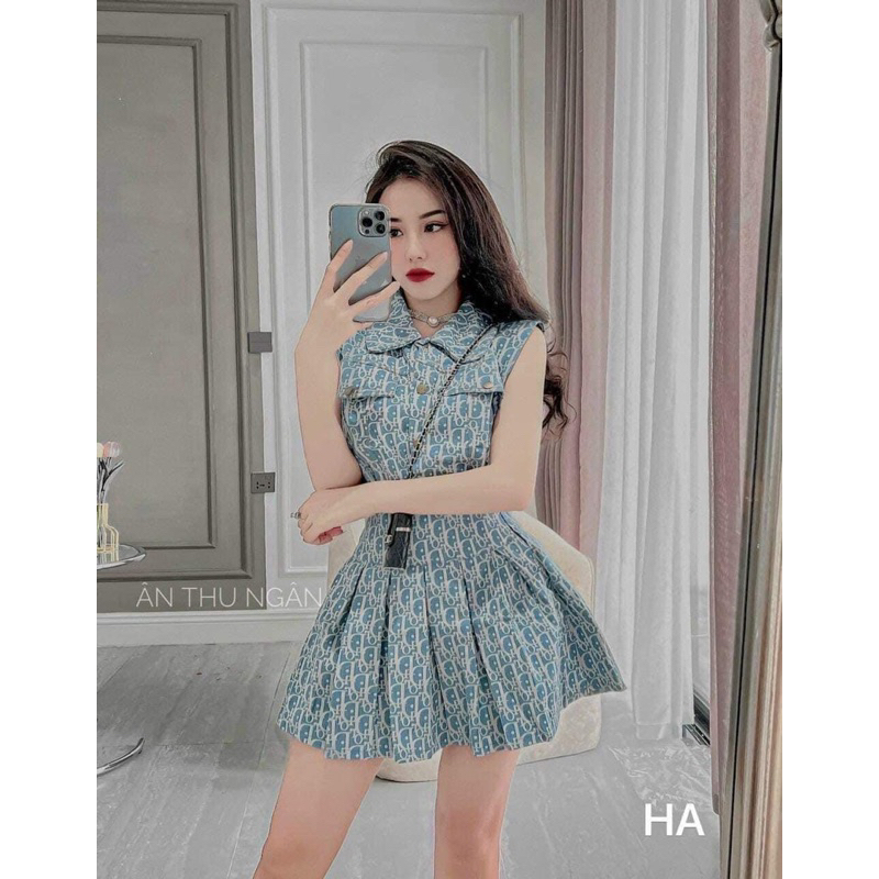 Sét váy yếm + áo sơ mi tiểu thư,Sét Bò Di o Siêu Xinh