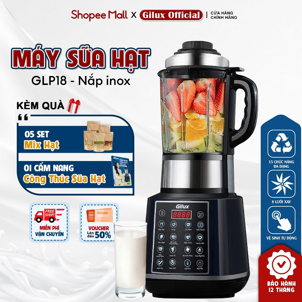 (Tặng mix hạt + sách) Máy làm sữa hạt đa năng Gilux - 15 chức năng nấu tự động-Công suất 1800W-Dung tích 1.75L-BH 1 năm