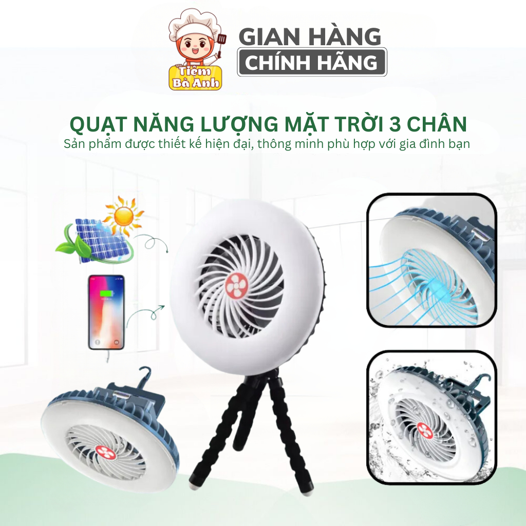 Quạt tích điện mini để bàn, quạt tích điện sạc năng lượng mặt trời 3 cấp độ gió tích hợp đèn led, tích hợp sạc dự phòng