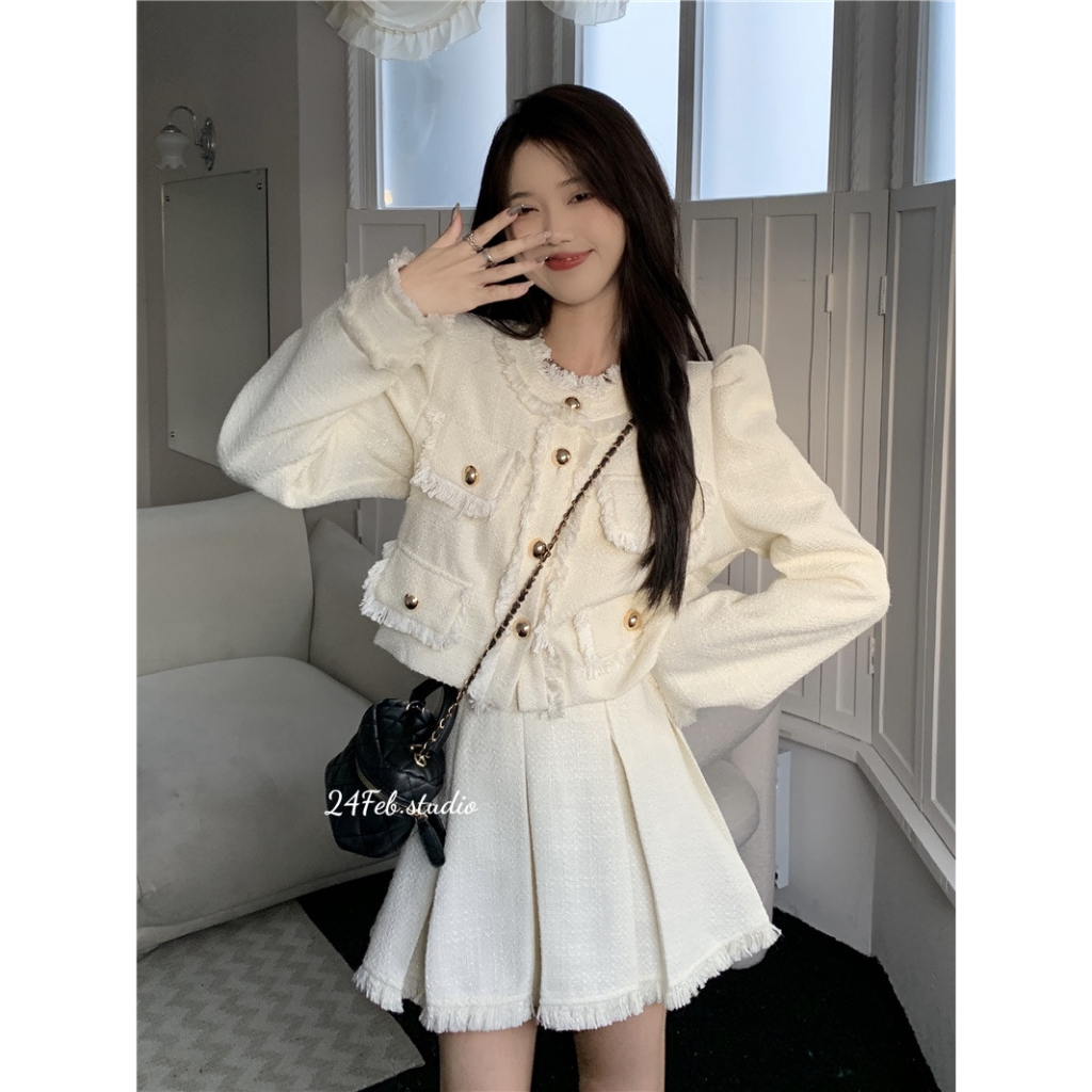 [SET31] [SẴN HÀNG] Set áo khoác dạ tweed kèm chân váy tua rua phong cách ulzzang Hàn Quốc