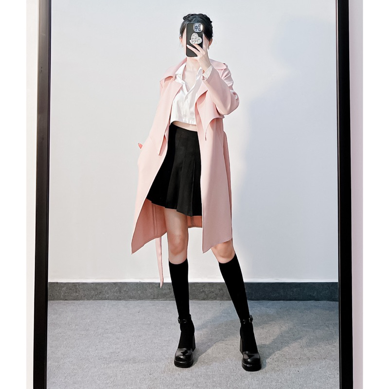 Trench coat dáng lỡ hồng pastel