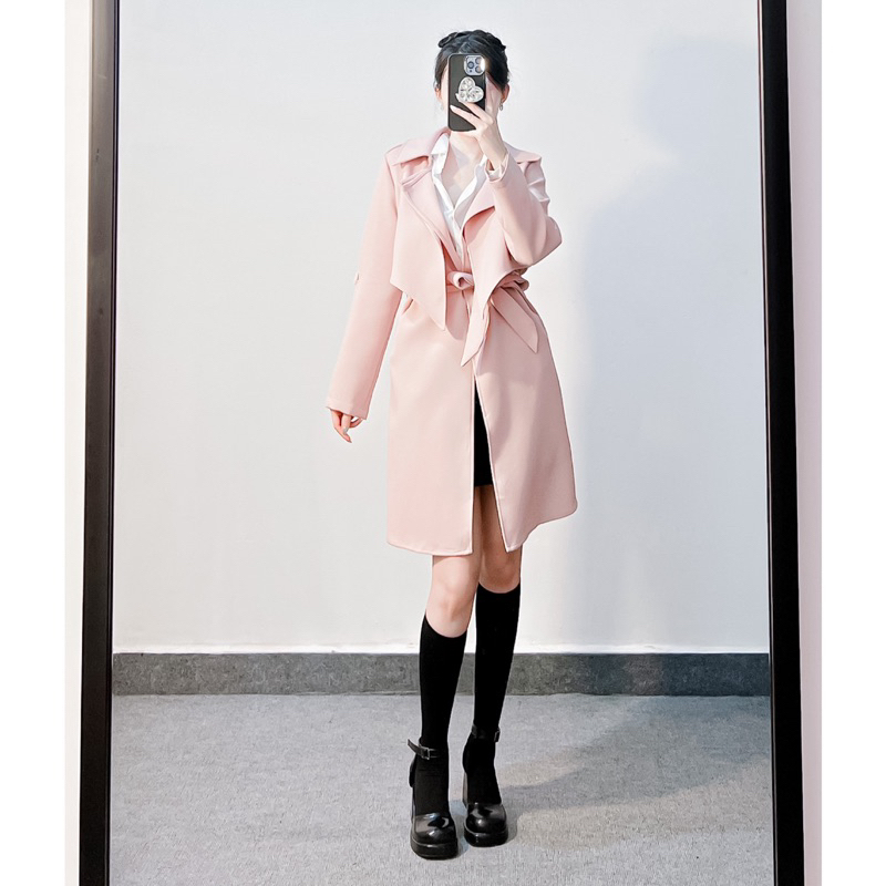 Trench coat dáng lỡ hồng pastel