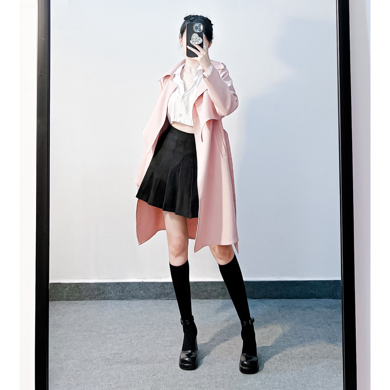 Trench coat dáng lỡ hồng pastel