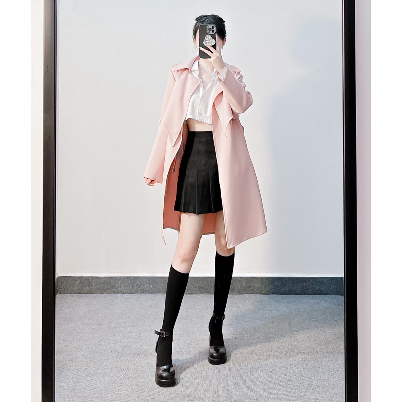 Trench coat dáng lỡ hồng pastel