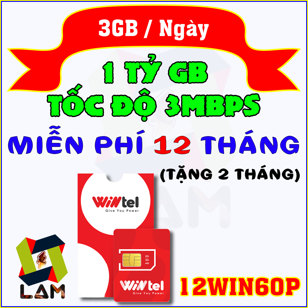 Sim 4G Wintel 6WIN60P 12WIN60P (3GB 1 Ngày), 10 Tỷ GB tốc độ 3Mbps. Trọn gói 1 Năm (14 Tháng) KHÔNG NẠP TIỀN