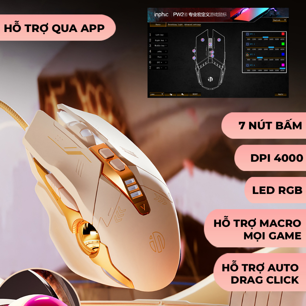 Chuột Máy Tính Màu Hồng Gaming SIDOTECH Inphic W5P Tắt Âm Silent Chơi Game Cho Streamer 4000 DPI Siêu Nhạy - Chính Hãng