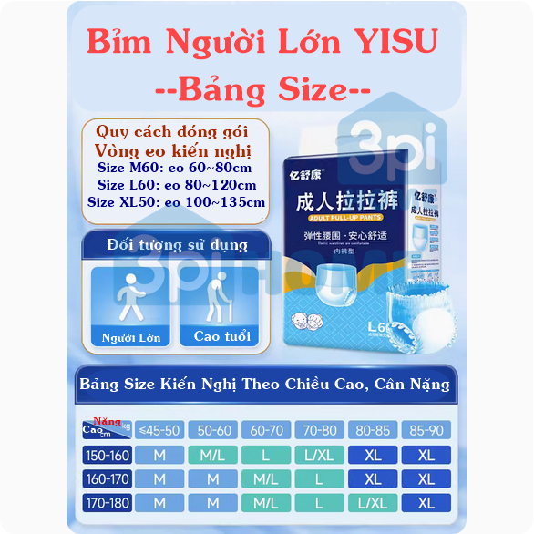 Tã/Bỉm Quần Người Lớn YISU size M60/L60/XL50 - Siêu Tiết Kiệm, Siêu Thấm Hút, Chống Tràn, Thông Thoáng