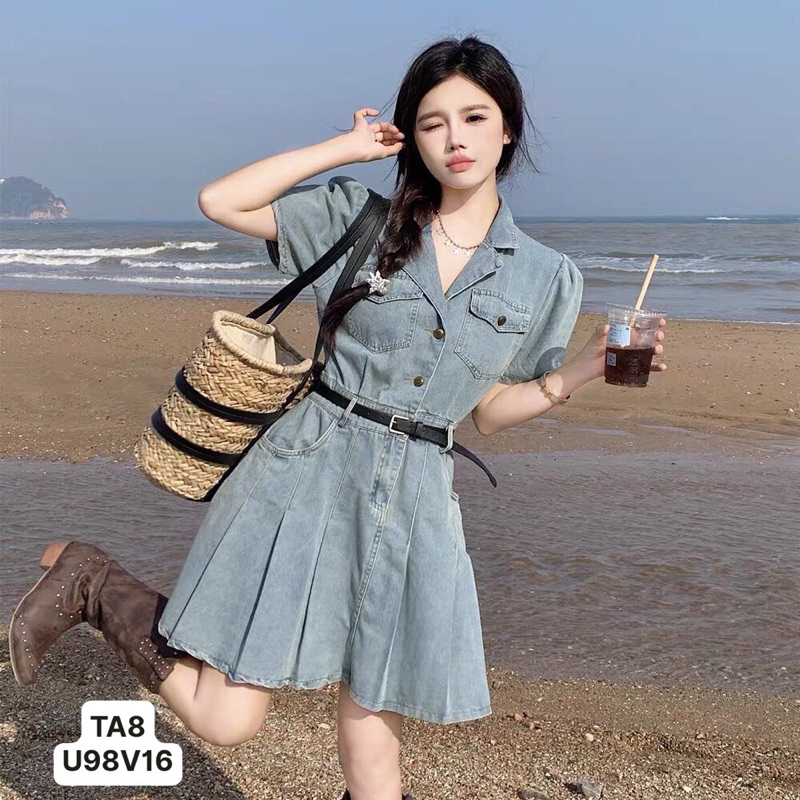 Đầm jean cổ vest xếp ly kèm dây nịt, váy nữ bò sang chảnh G345