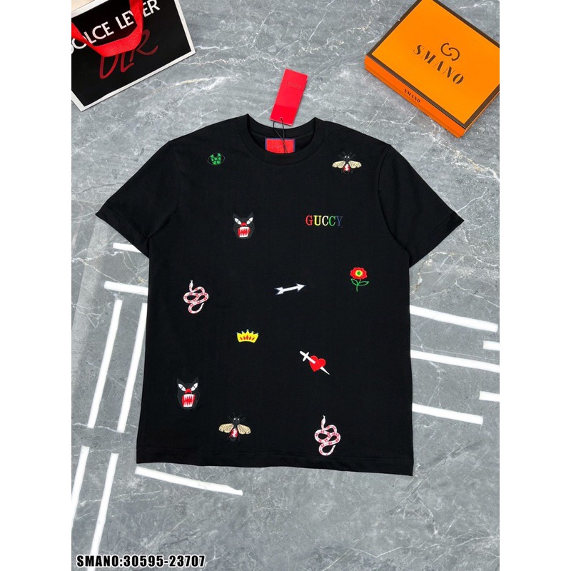 Áo thun thêu ong rắn GC hoạ tiết dệt 3D cao cấp,áo phông GC thêu hình ong rắn mũi tên đơn giản