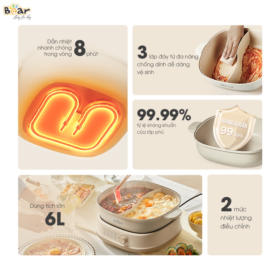 Nồi Lẩu 2 Ngăn BEAR-SB NL60U, Tiện Lợi Cho Mọi Gia Đình- Bảo Hành 12 Tháng